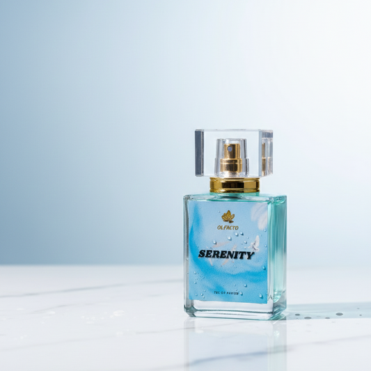 Perfume bottle labeled 'Serenity' on a light blue background