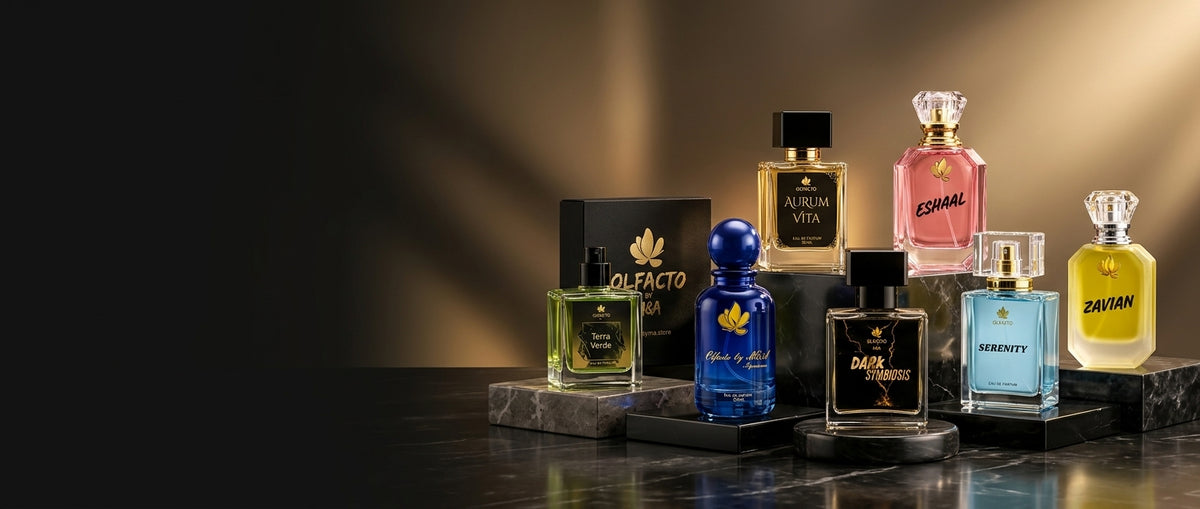 A lineup of luxury perfume bottles from the brand Parfums de Marly, displayed on a dark reflective surface with a dramatic warm spotlight background. The collection includes various sizes and colors of bottles in black, gold, pink, blue, and yellow, each with its corresponding box.
